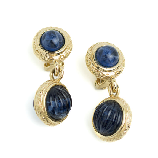 Henkel & Grosse for Dior Dangle Clip On Earrings with Navy Glass Cabochons