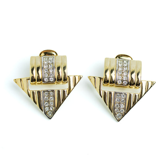 Gold Tone Geometric Vintage Clip On Earrings with Clear Rhinestones