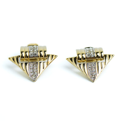 Gold Tone Geometric Vintage Clip On Earrings with Clear Rhinestones