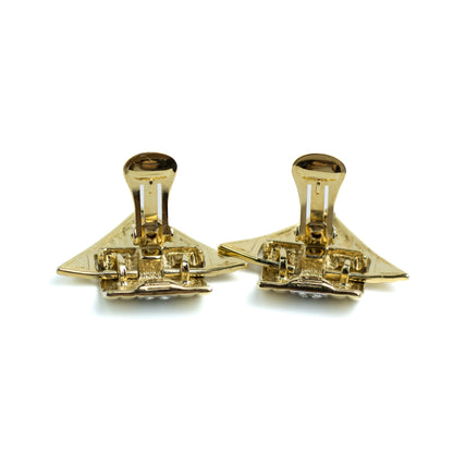 Gold Tone Geometric Vintage Clip On Earrings with Clear Rhinestones