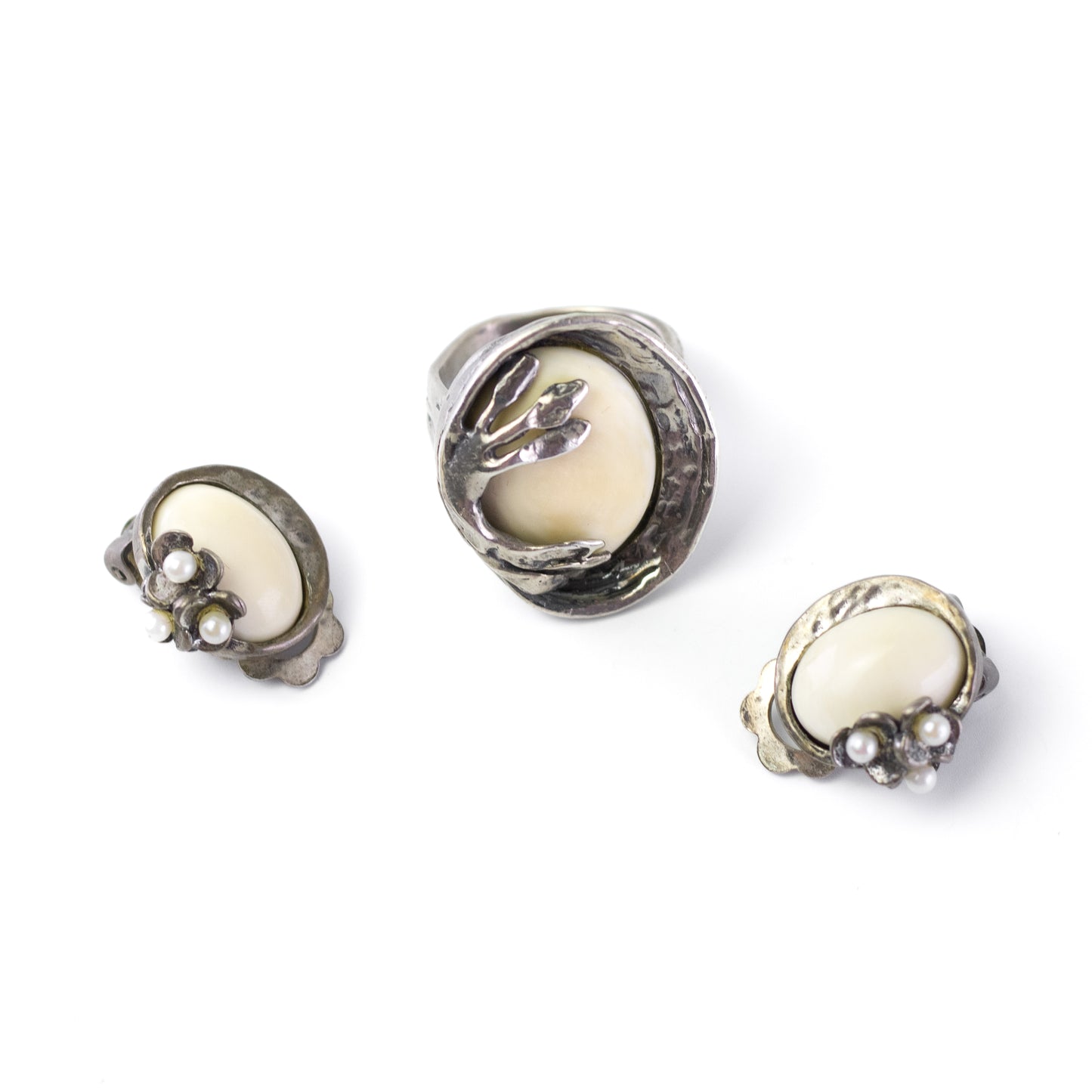 Vintage Silver Bone And Seed Pearl Clip On Earrings By Perli