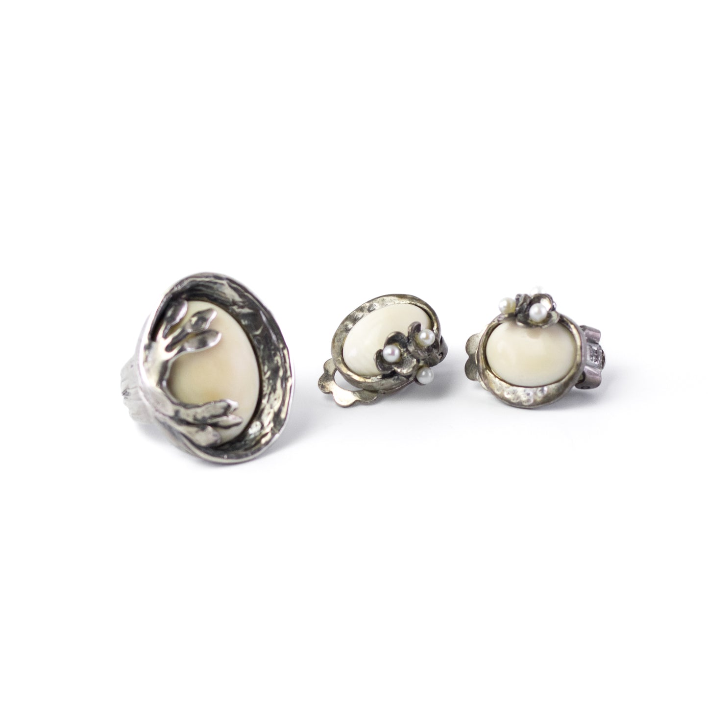 Vintage Silver Bone And Seed Pearl Clip On Earrings By Perli