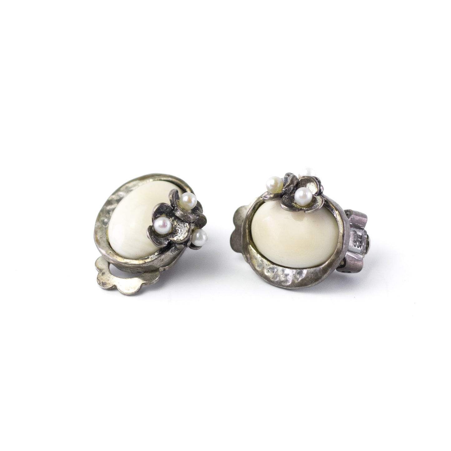 Vintage Silver Bone And Seed Pearl Clip On Earrings By Perli