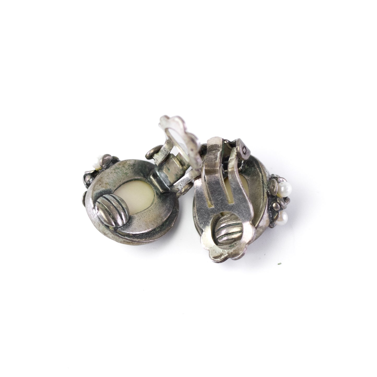 Vintage Silver Bone And Seed Pearl Clip On Earrings By Perli