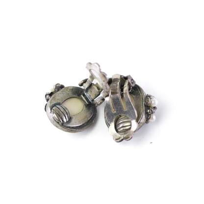Vintage Silver Bone And Seed Pearl Clip On Earrings By Perli