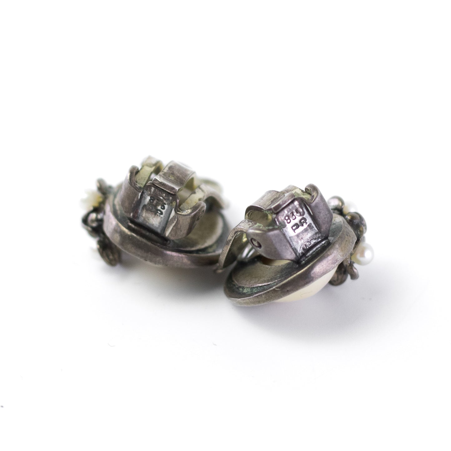 Vintage Silver Bone And Seed Pearl Clip On Earrings By Perli