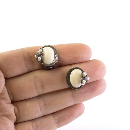 Vintage Silver Bone And Seed Pearl Clip On Earrings By Perli