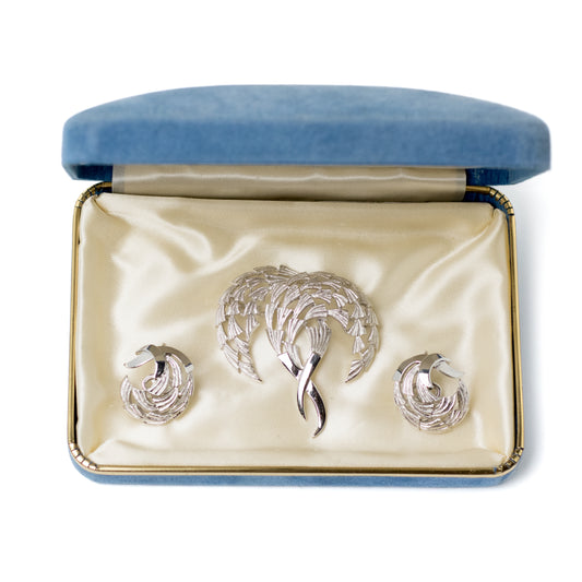 Trifari Silver Tone Brooch and Clip-On Earrings Set With Original Velvet Box