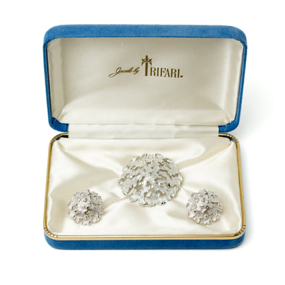 Crown Trifari Vintage Brooch & Clip On Earrings Set in Silver Tone