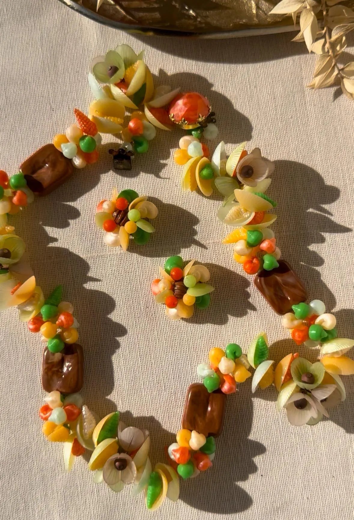 Vintage West German Tropical Jewelry Set with Molded Plastic Necklace and Clip-On Earrings