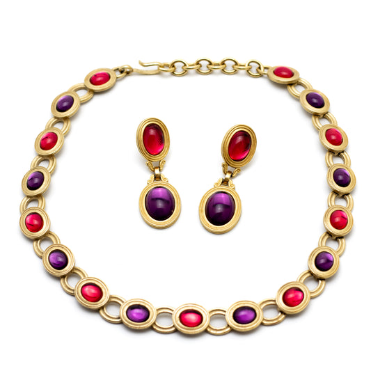 Monet for YSL 1980s Vintage Jewelry Set with Pink and Purple Cabochons