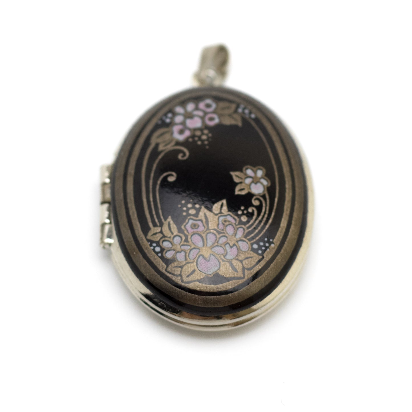 Pendentif médaillon floral en émail noir Michaela Frey, bijoux autrichiens vintage