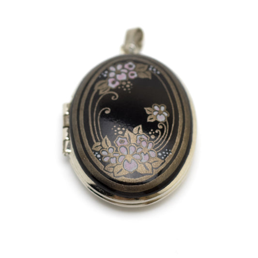 Michaela Frey Black Enamel Floral Locket Pendant Vintage Austrian Jewelry