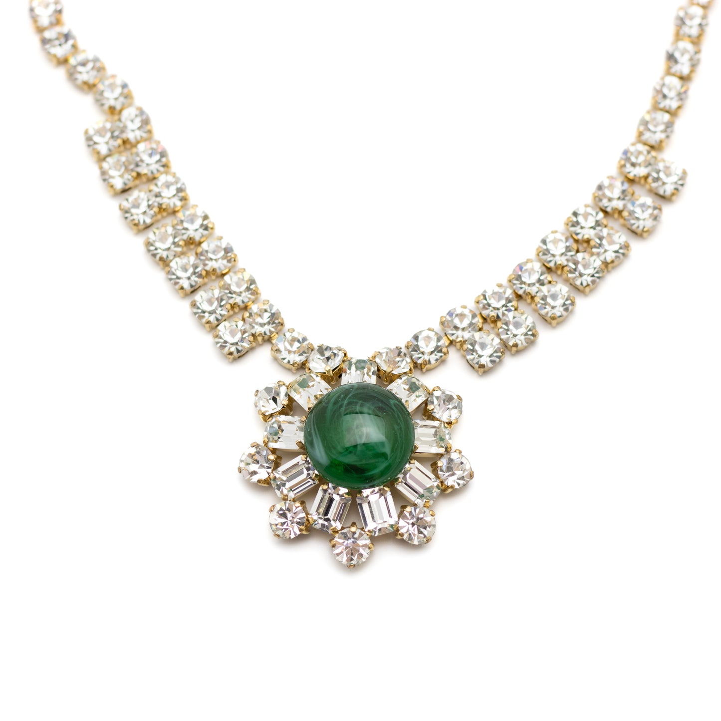 Vintage 1950s Austrian Schoffel & Co Collier with Emerald Green Glass Cabochon and Clear Austrian Crystals