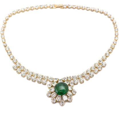 Vintage 1950s Austrian Schoffel & Co Collier with Emerald Green Glass Cabochon and Clear Austrian Crystals