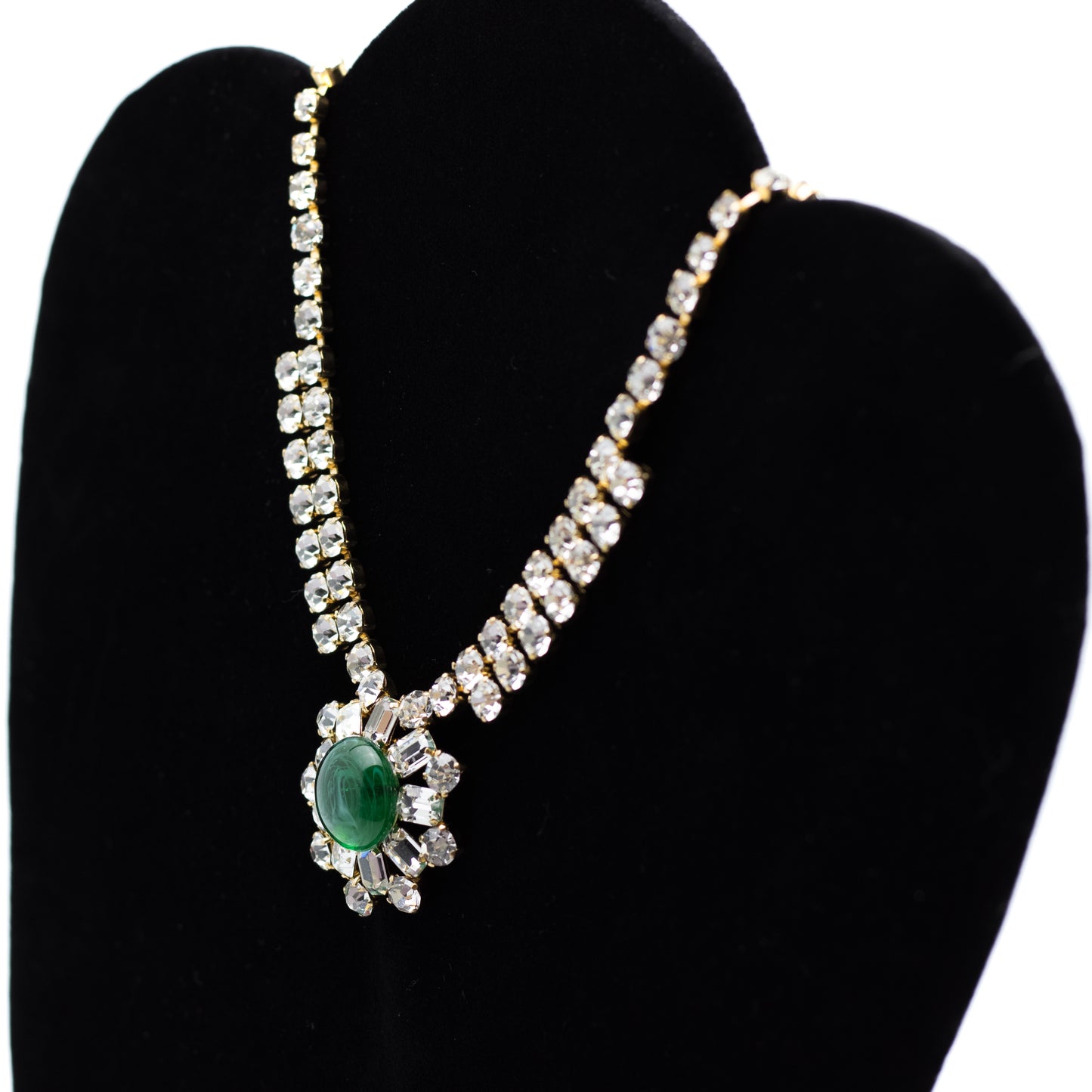 Vintage 1950s Austrian Schoffel & Co Collier with Emerald Green Glass Cabochon and Clear Austrian Crystals
