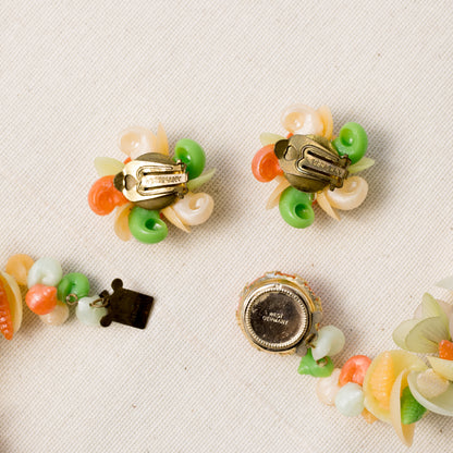 Vintage West German Tropical Jewelry Set with Molded Plastic Necklace and Clip-On Earrings