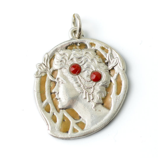 German Jugendstil Antique Silver Pendant with Girl Silhouette and Yellow Enamel