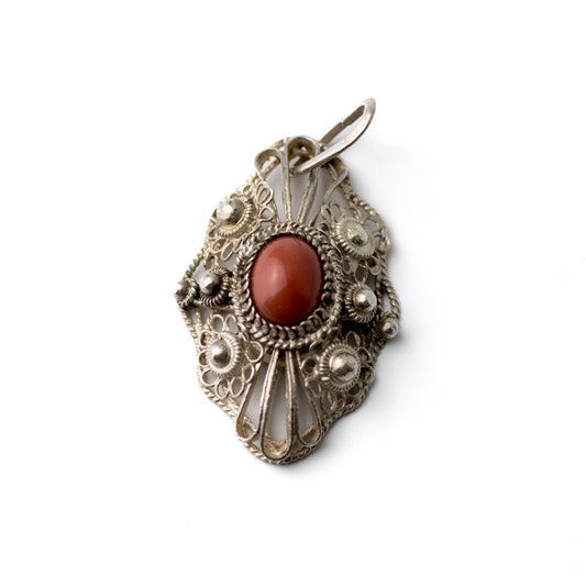 Silver Filigree Pendant with Red Coral Cabochon
