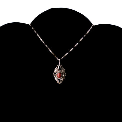 Silver Filigree Pendant with Red Coral Cabochon