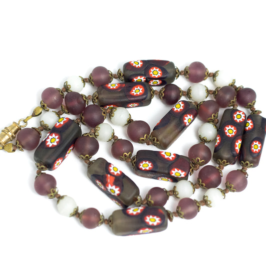 Vintage Venetian Millefiori Necklace with Frosted Glass Beads in Earth Tones