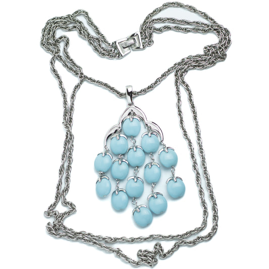Trifari Waterfall Pendant Necklace with Blue Drops in Silver Tone