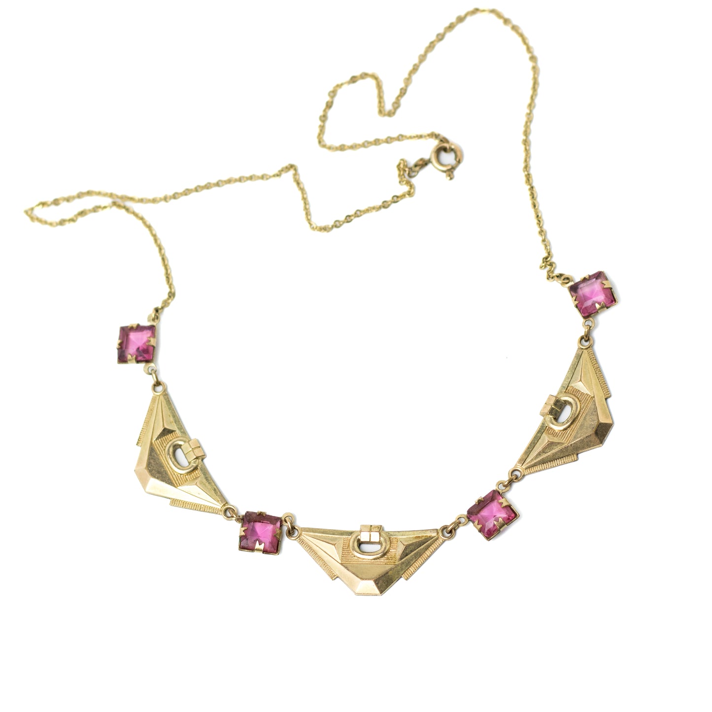 Art Deco Pink Glass Necklace In Gold-Tone Panels