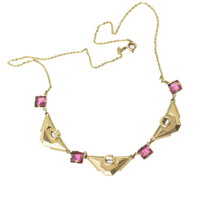 Art Deco Pink Glass Necklace In Gold-Tone Panels