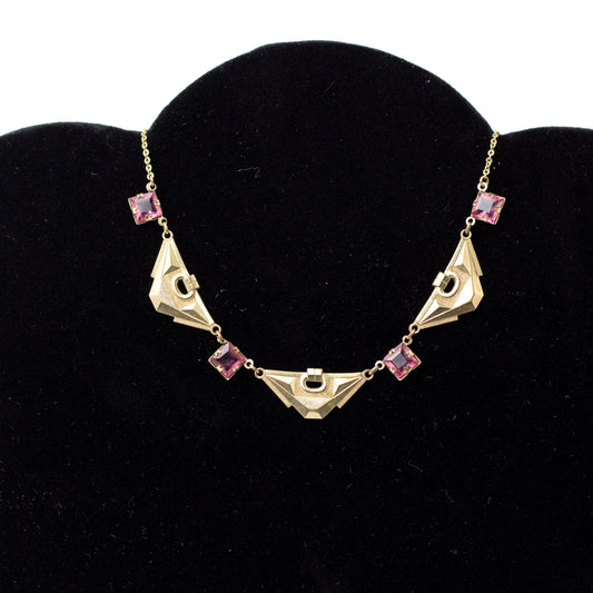 Art Deco Pink Glass Necklace In Gold-Tone Panels
