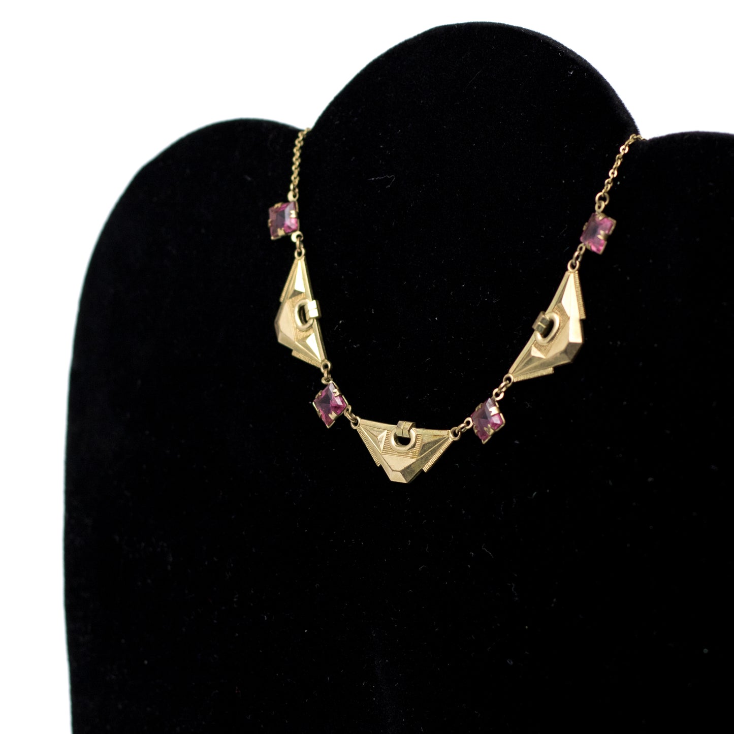 Art Deco Pink Glass Necklace In Gold-Tone Panels