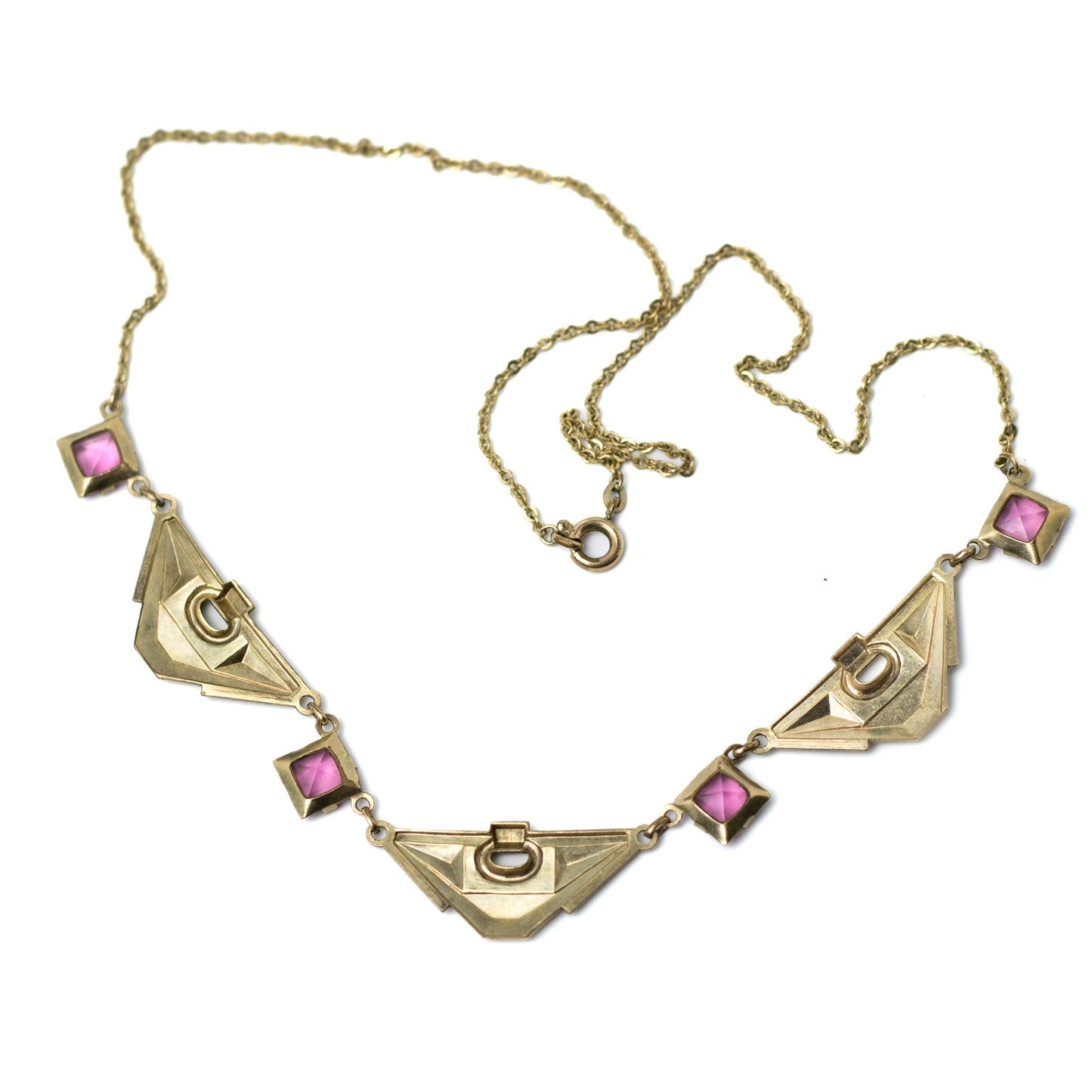 Art Deco Pink Glass Necklace In Gold-Tone Panels