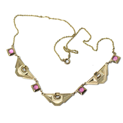 Art Deco Pink Glass Necklace In Gold-Tone Panels