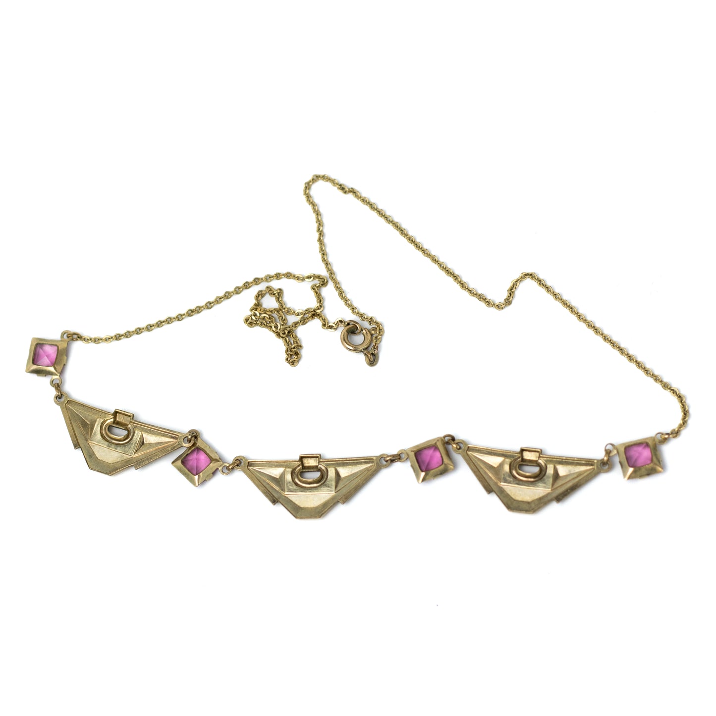 Art Deco Pink Glass Necklace In Gold-Tone Panels