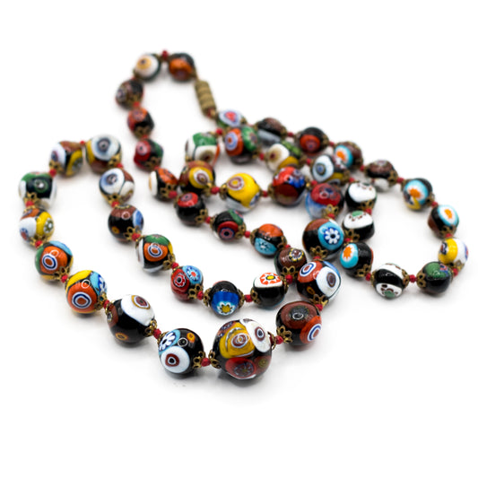 Millefiori Knotted Bead Necklace With Vintage Glass