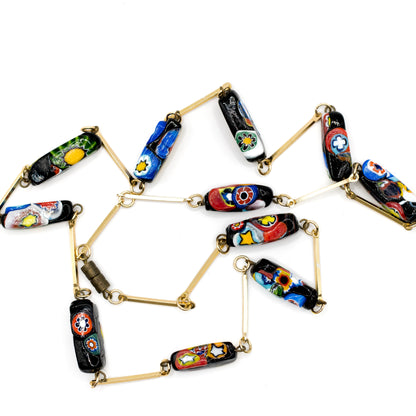 Rectangular Millefiori Glass Bead Necklace With Vintage Chain