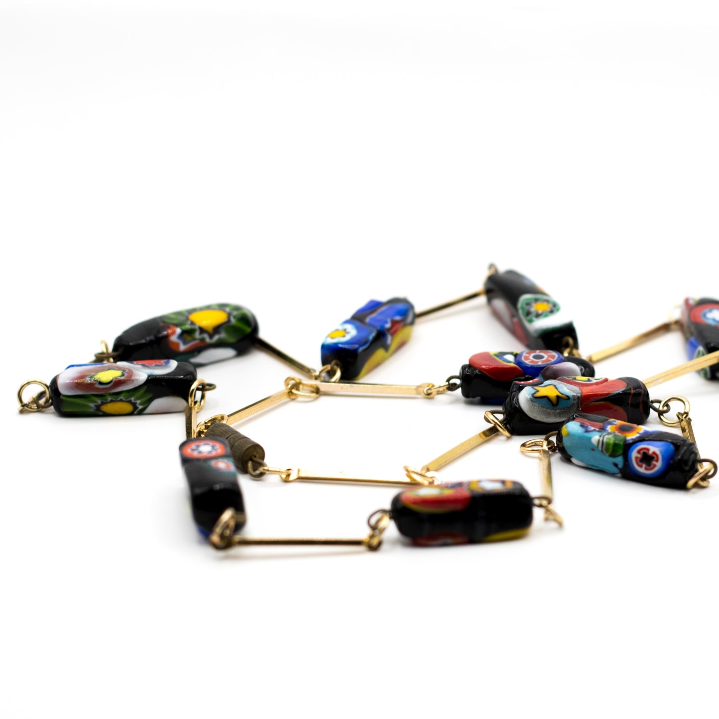 Rectangular Millefiori Glass Bead Necklace With Vintage Chain