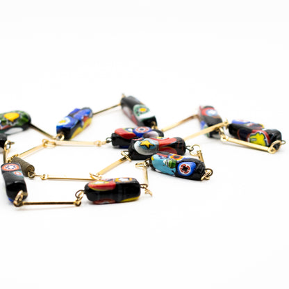 Rectangular Millefiori Glass Bead Necklace With Vintage Chain
