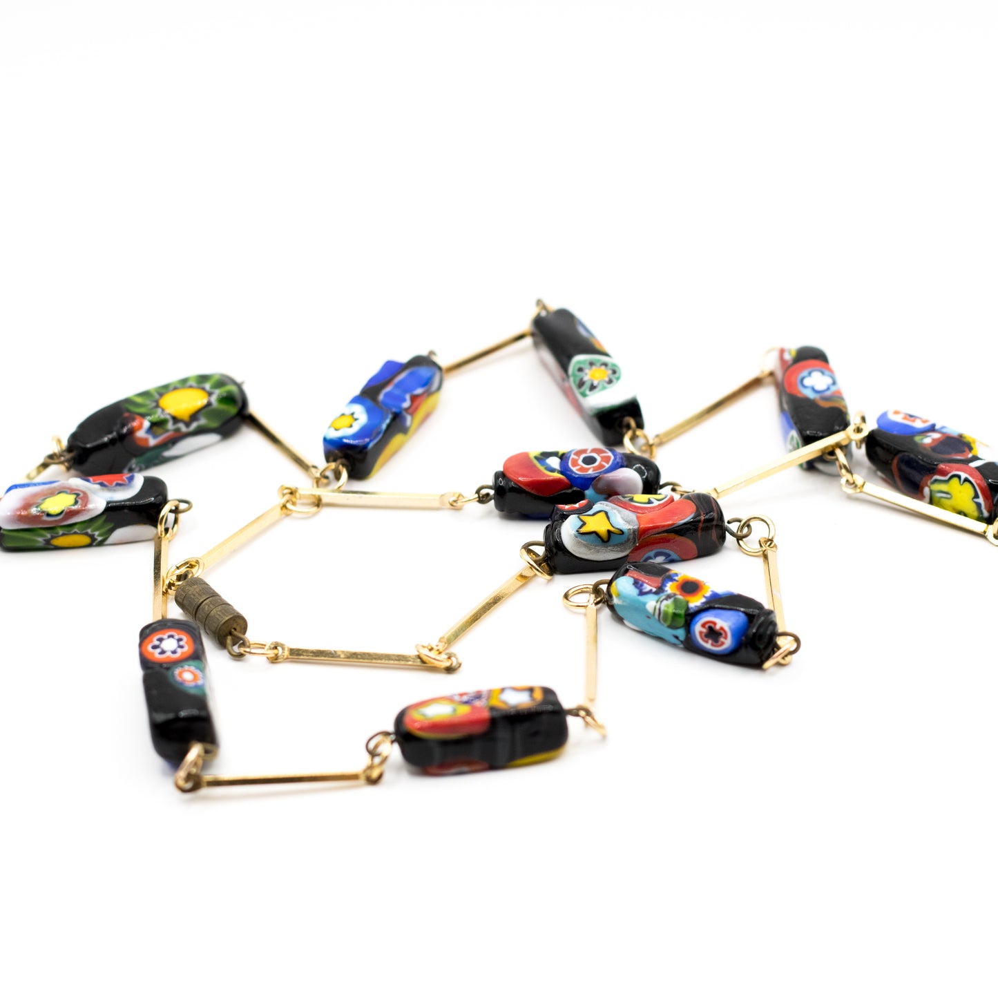 Rectangular Millefiori Glass Bead Necklace With Vintage Chain