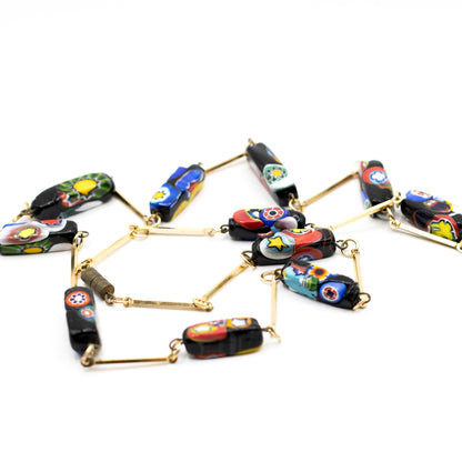Rectangular Millefiori Glass Bead Necklace With Vintage Chain