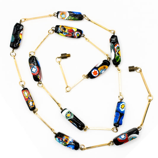 Rectangular Millefiori Glass Bead Necklace With Vintage Chain