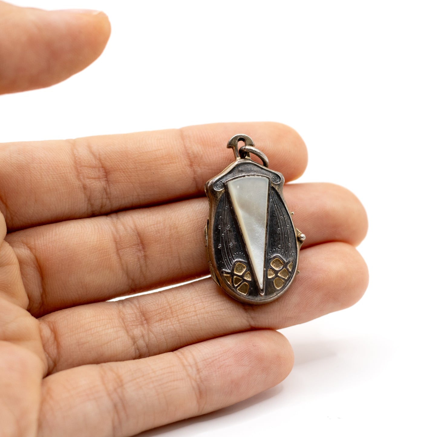 Jugendstil Antiker Silber Vermeil Perlmutt Insekten-Medaillon