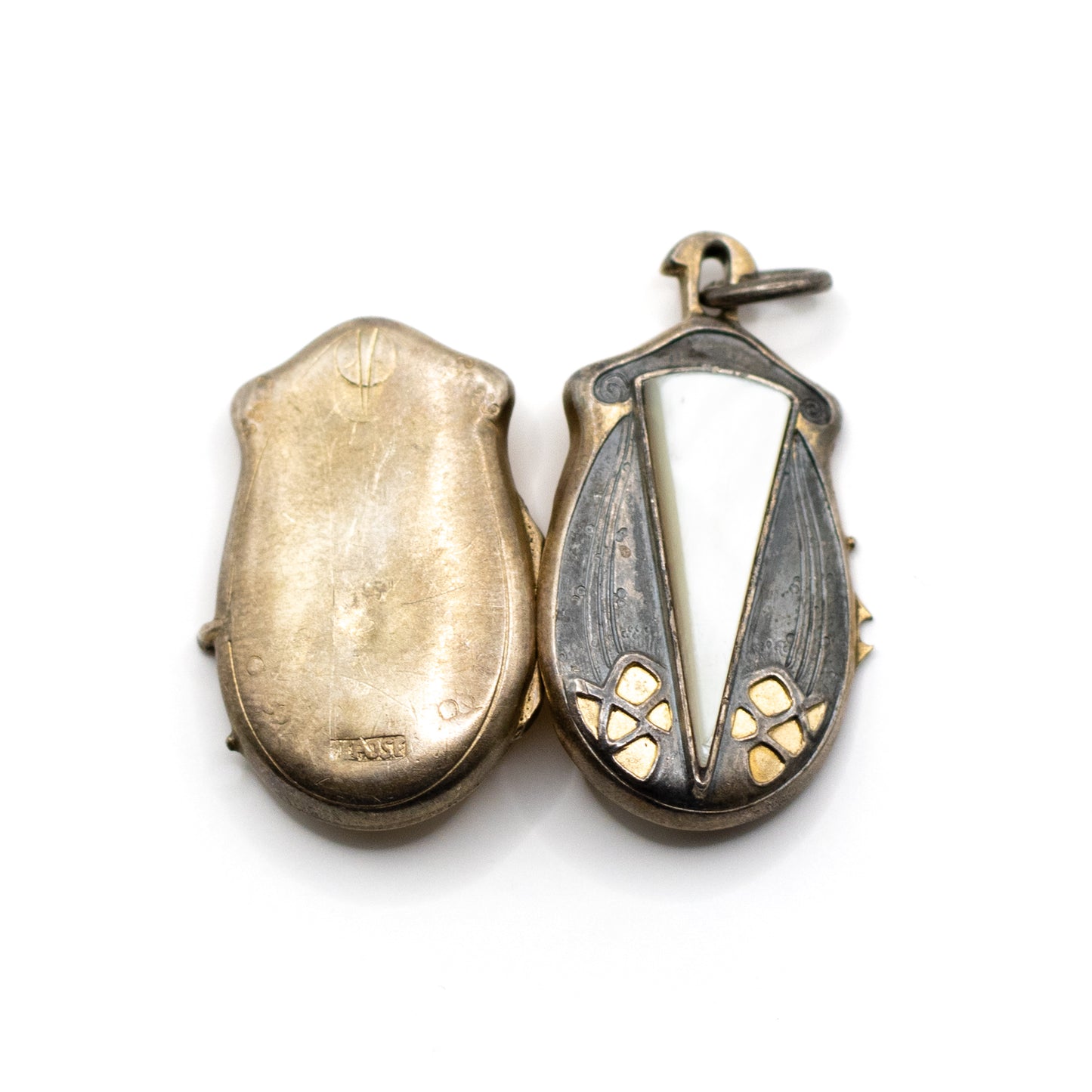 Jugendstil Antiker Silber Vermeil Perlmutt Insekten-Medaillon