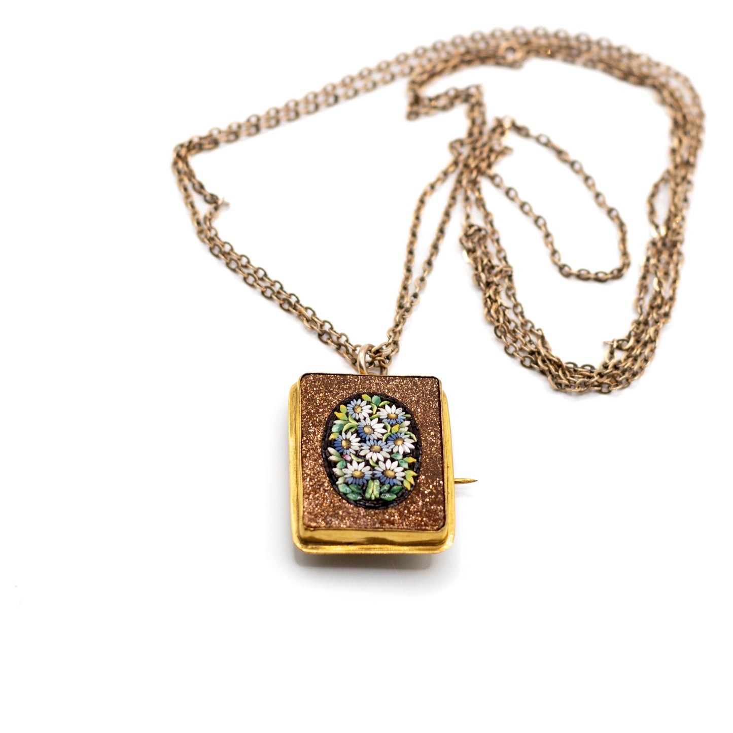 Antike Mikromosaik Blumen-Anhängerbrosche mit Vintage-Kette