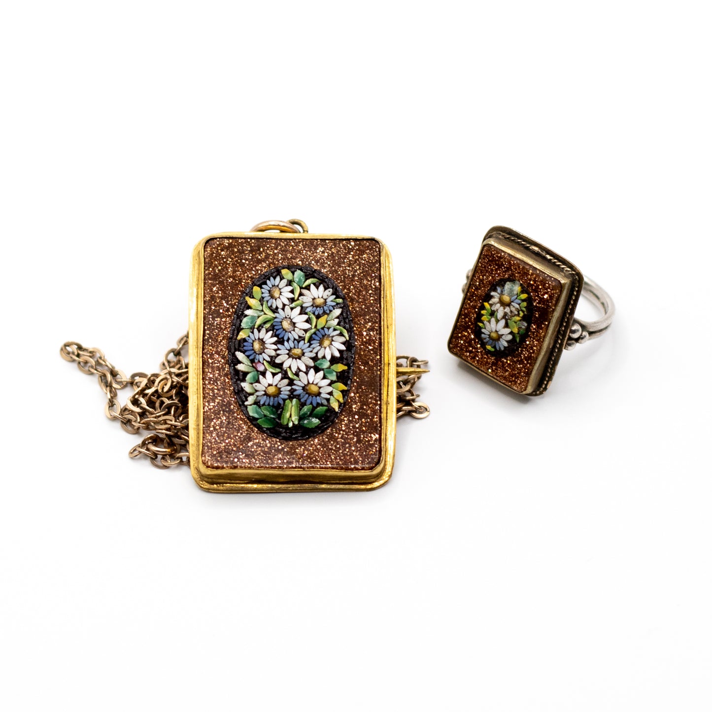 Antike Mikromosaik Blumen-Anhängerbrosche mit Vintage-Kette