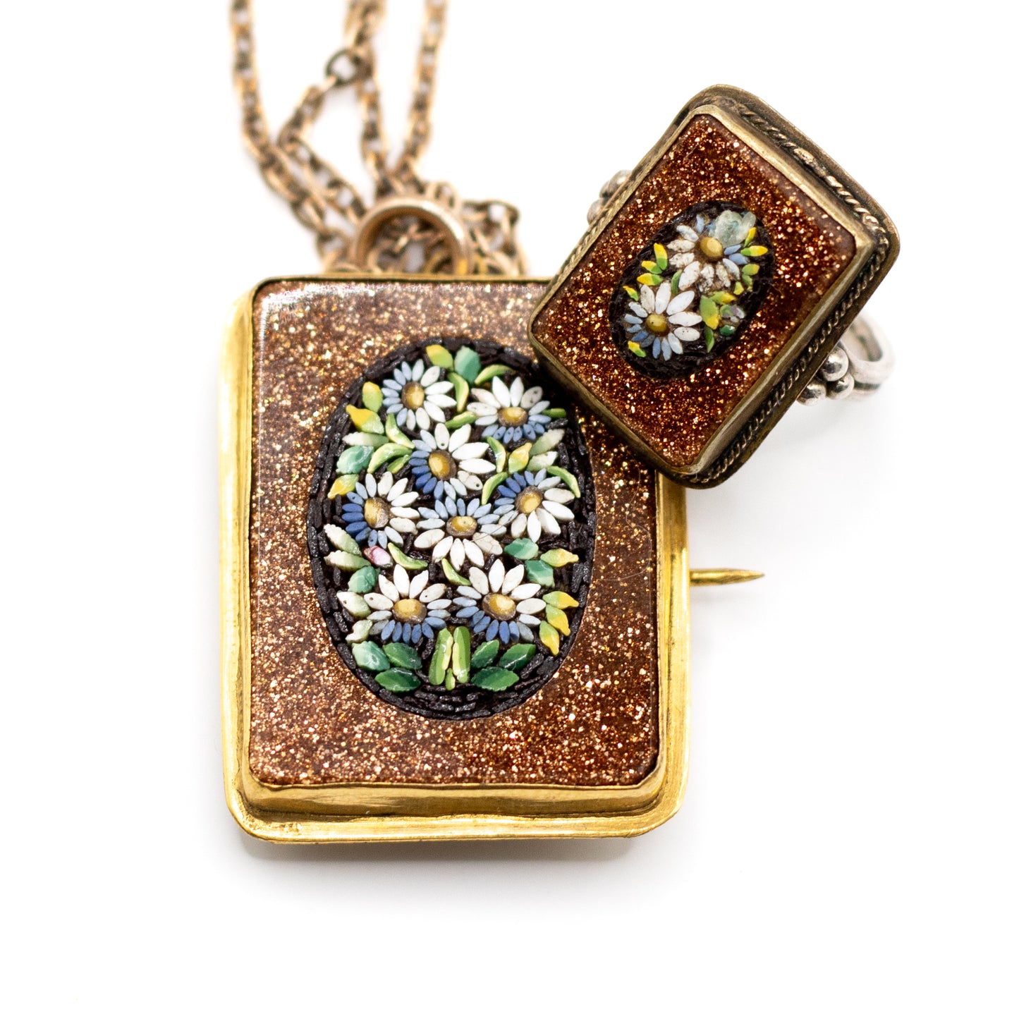 Antike Mikromosaik Blumen-Anhängerbrosche mit Vintage-Kette