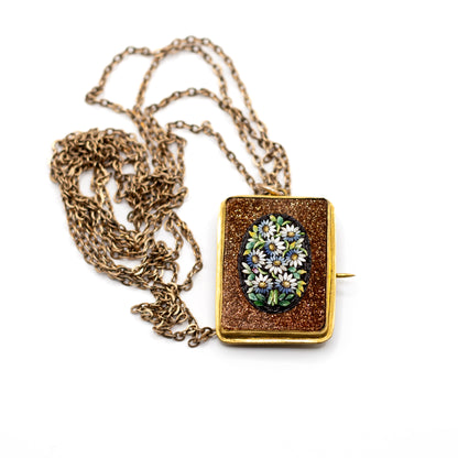 Antike Mikromosaik Blumen-Anhängerbrosche mit Vintage-Kette