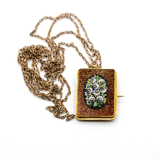 Antique Micromosaic Flower Pendant Brooch With Vintage Chain