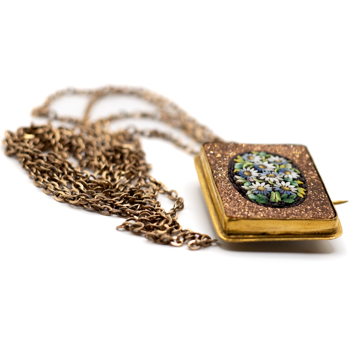 Antike Mikromosaik Blumen-Anhängerbrosche mit Vintage-Kette