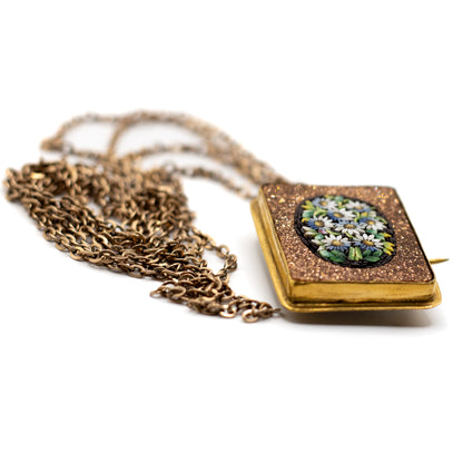 Antike Mikromosaik Blumen-Anhängerbrosche mit Vintage-Kette