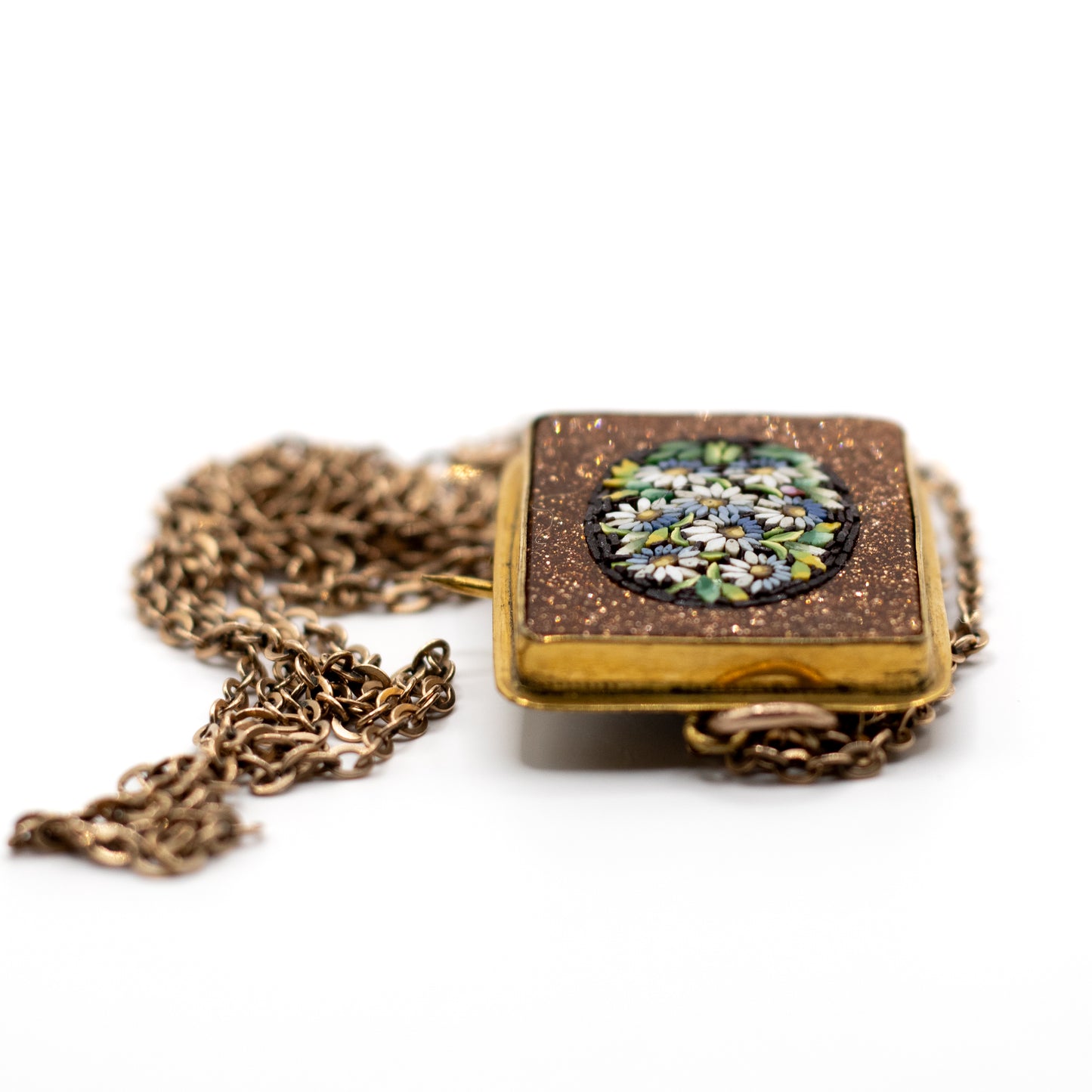 Antike Mikromosaik Blumen-Anhängerbrosche mit Vintage-Kette